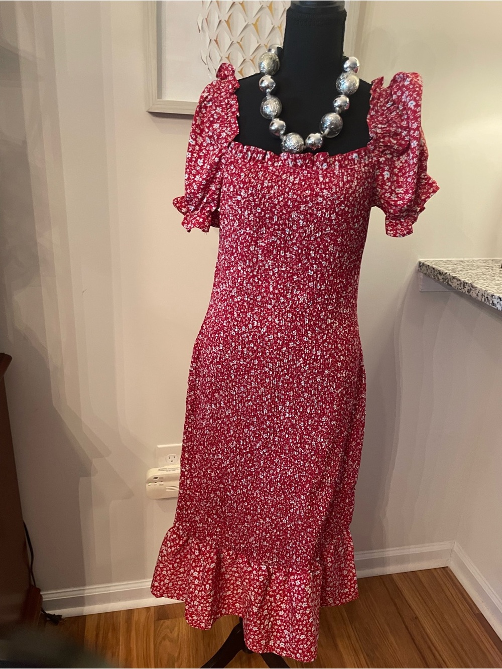 NWOT Red Floral Smocked Midi Dress with Ruffle Hemline